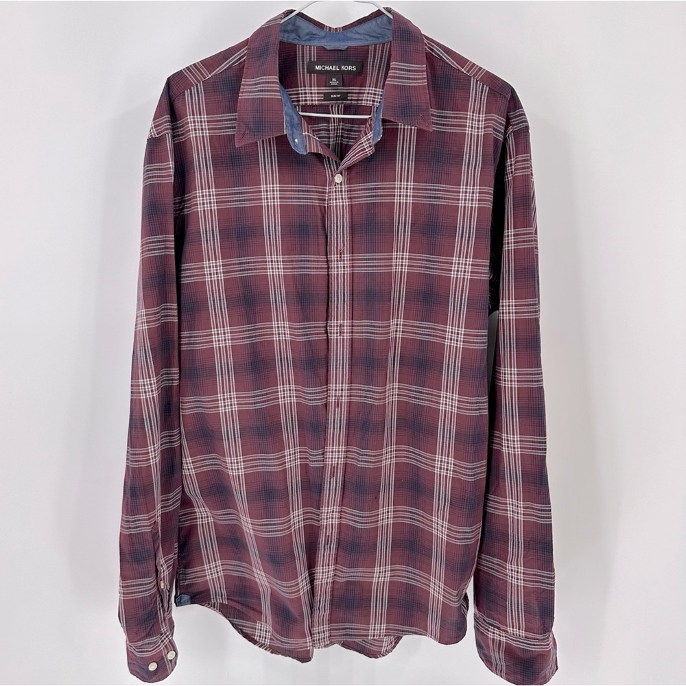 Michael Kors Tailor Fit Red Blue Plaid Long Sleeve Collared Shirt Button…